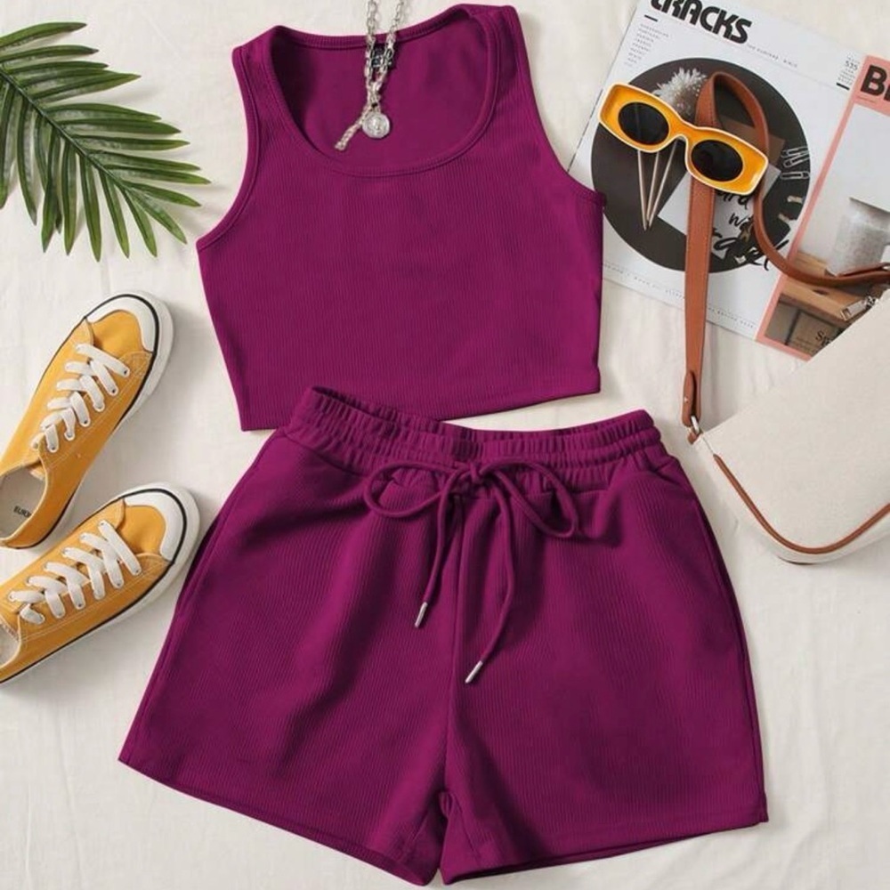 SHEIN Purple Ribbed Tank Top & Drawstring Shorts Set